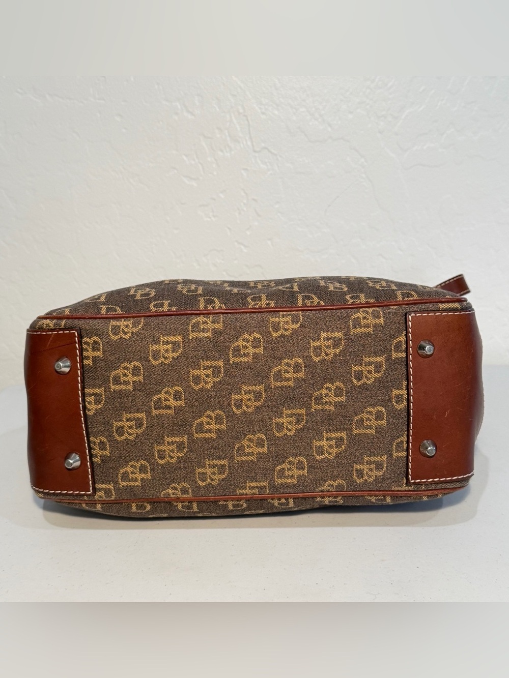 Vintage Dooney & Bourke Signature DB Monogram Satchel Bag - Brown & Oxblood - Picture 5 of 13